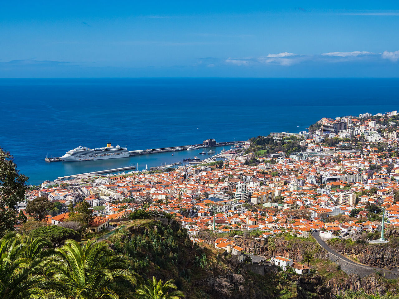 Vista de la ciudad de Funchal, llena de colores y junto al mar, con un crucero al fondo