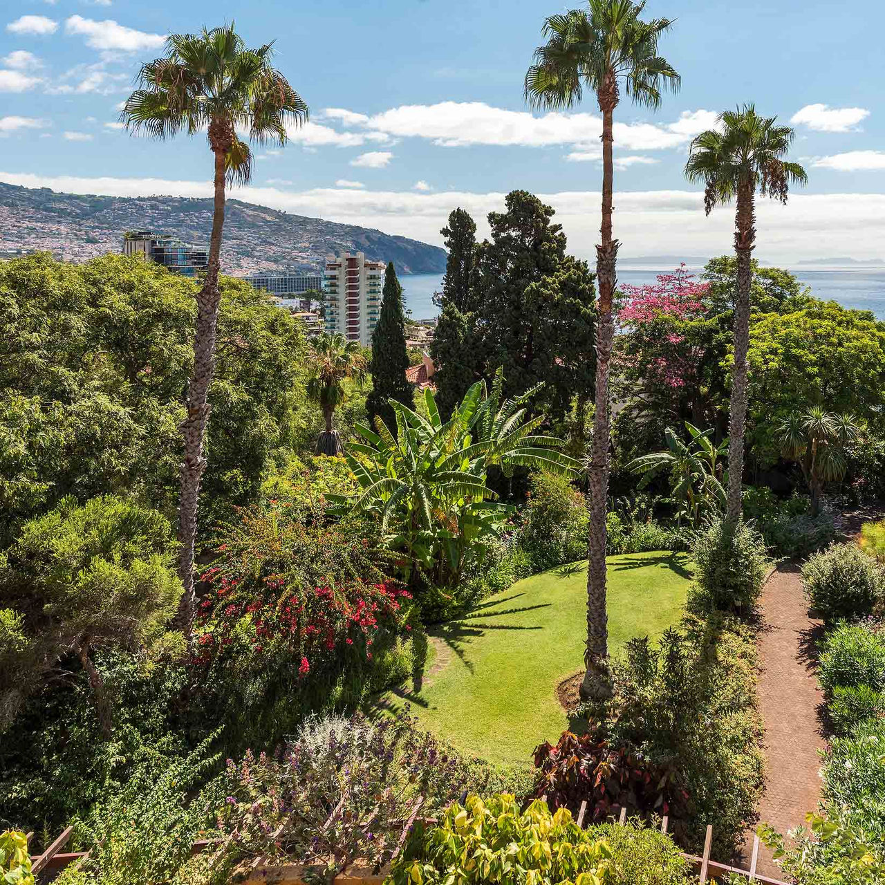 Jardín con varias plantas tropicales, vista al mar y colina en Pestana Village, un Hotel Romántico en Funchal, Madeira