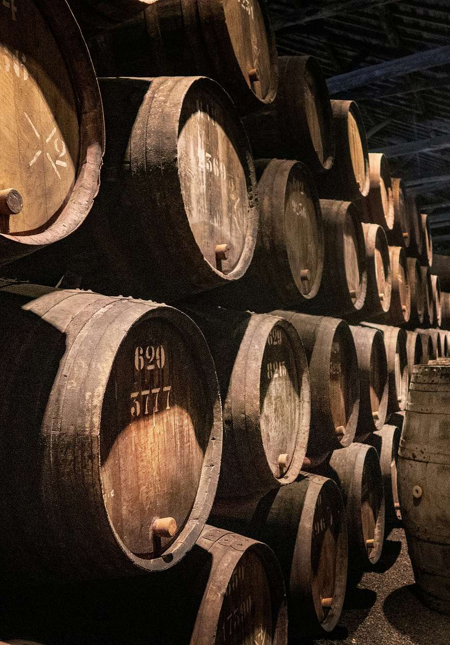 Caves de vinho do Porto com barris subterrâneos onde o vinho envelhece, adquirindo complexidade e sabor caraterísticos