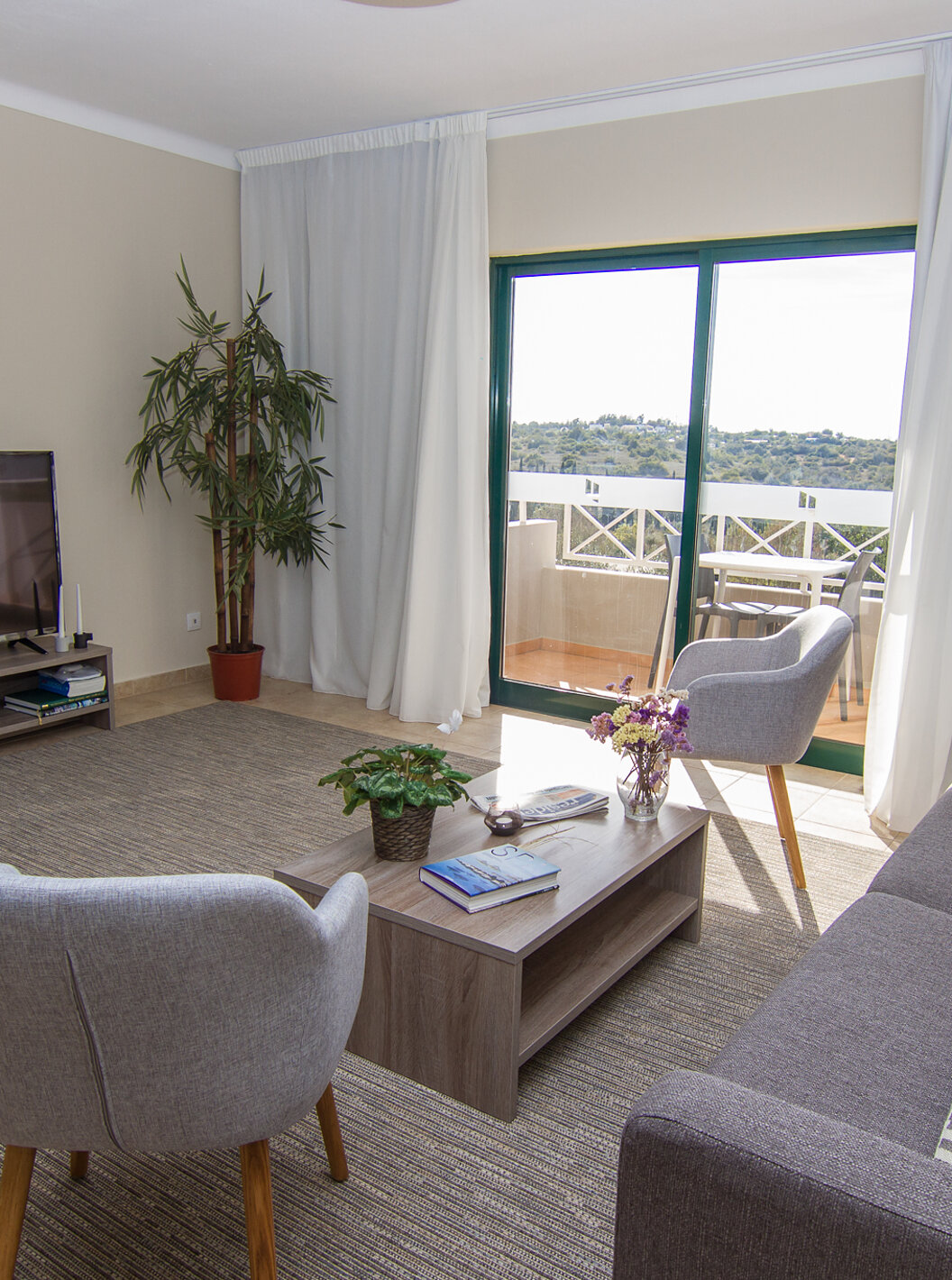 The T2 Apartment at Pestana Gramacho Residences includes a living room with a sofa, television, and a window with a balcony