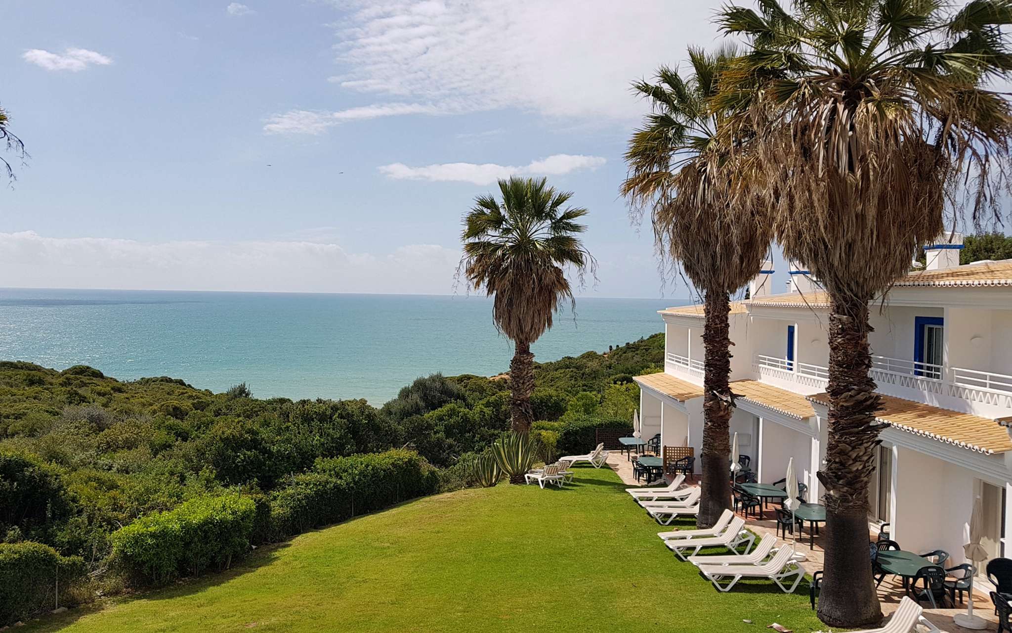 Villas at Pestana Palm Gardens in Carvoeiro, with a garden and palm trees in front and a view of the sea and horizon