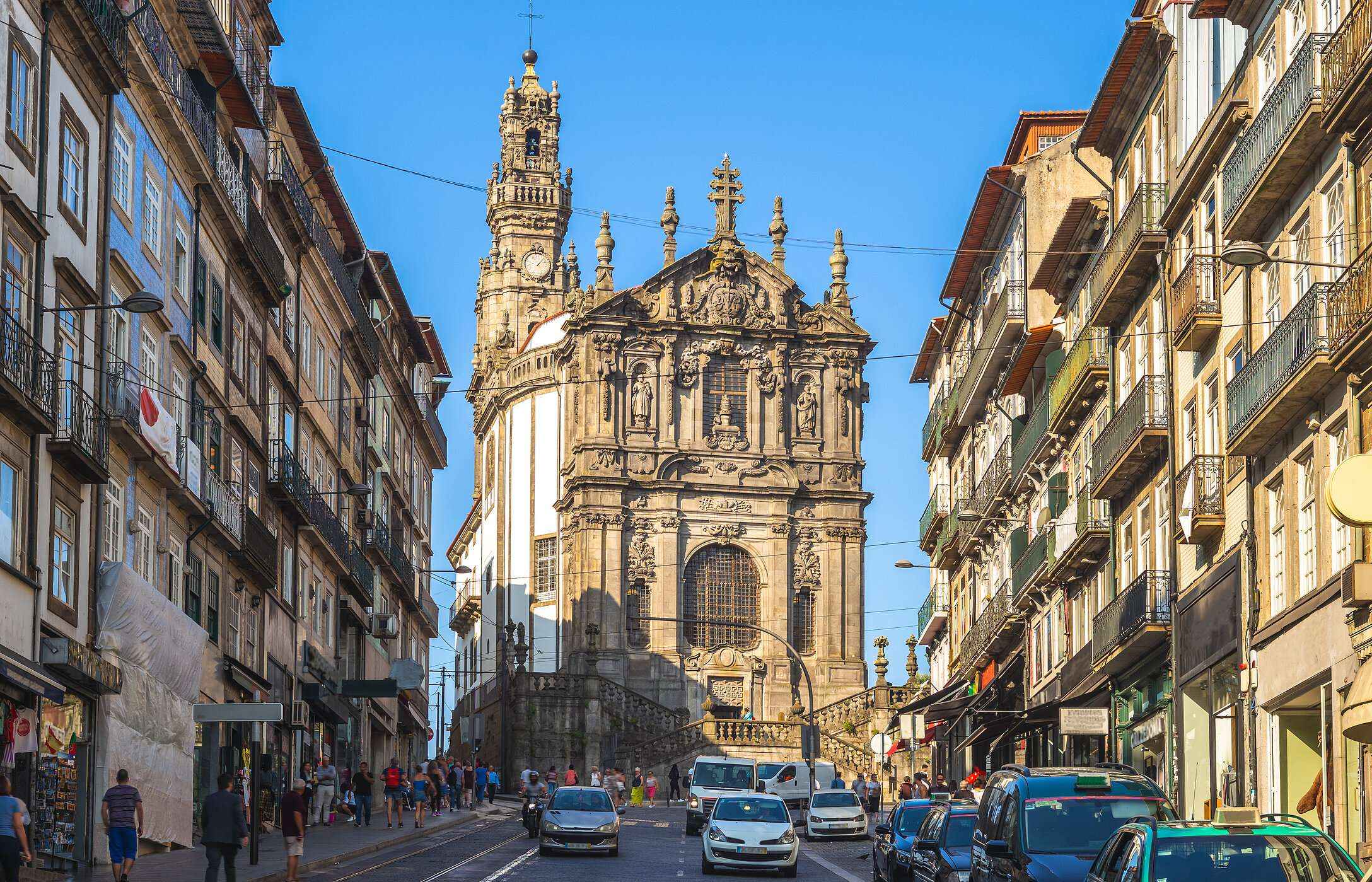 View of the Church of the Clerics, an impressive church in Porto, highlighting its famous tall tower and elaborate façade