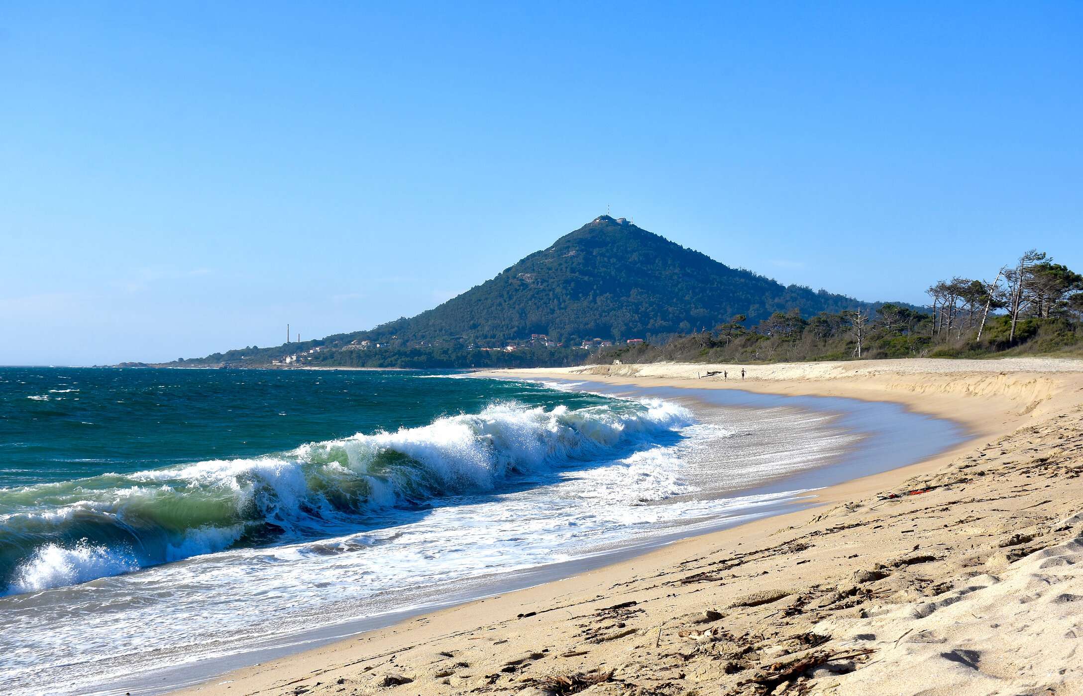 Panoramisch uitzicht op het strand van Moledo, omgeven door een prachtige natuurlijke omgeving