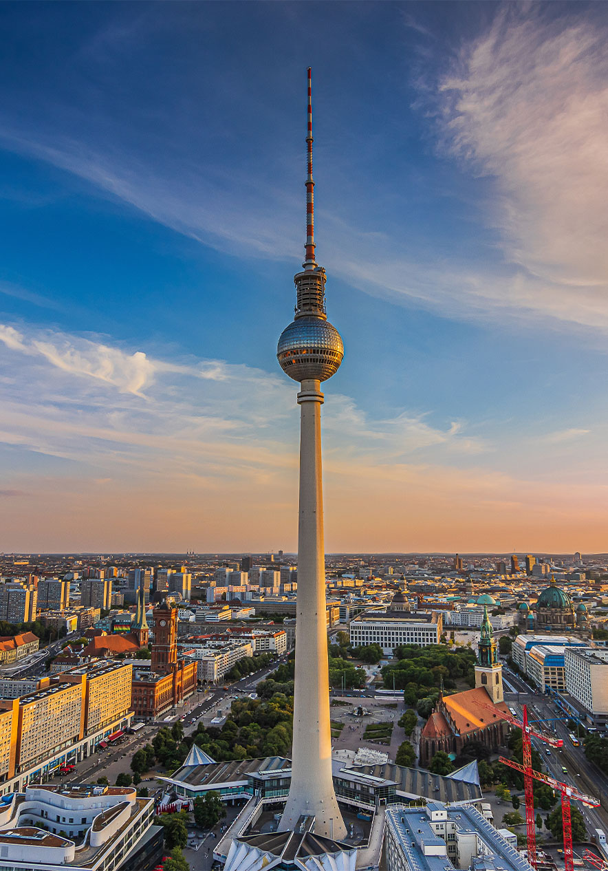 Berlin TV Tower at sunset with panoramic views of the surrounding city